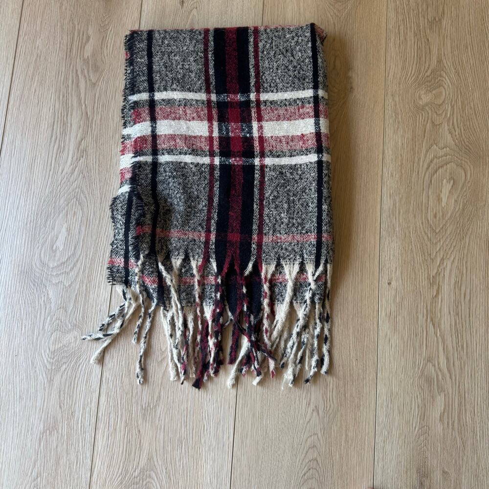 Evereve large red black plaid fringed scarf
